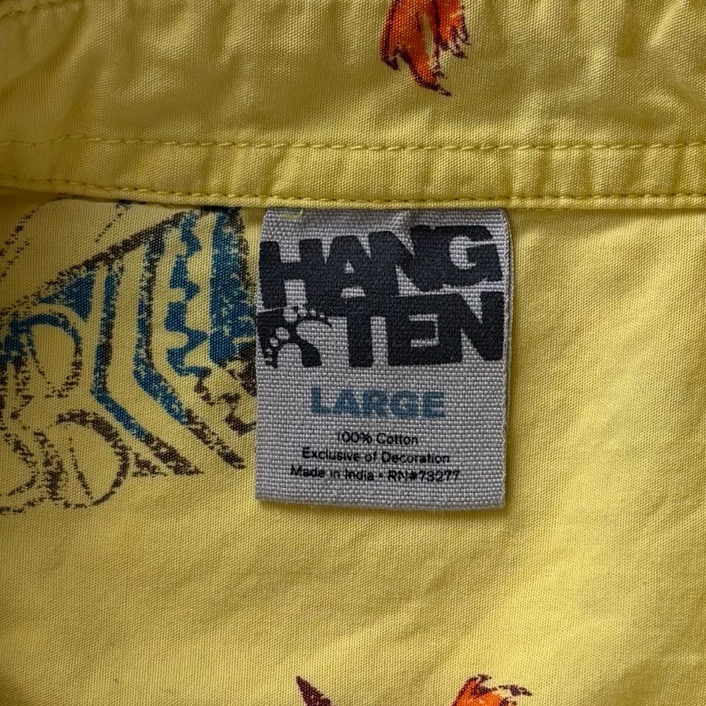 VTG Hang Ten Tiki Print Yellow Short Sleeve Button Down Summer Party Shirt Sz L - Picture 3 of 12